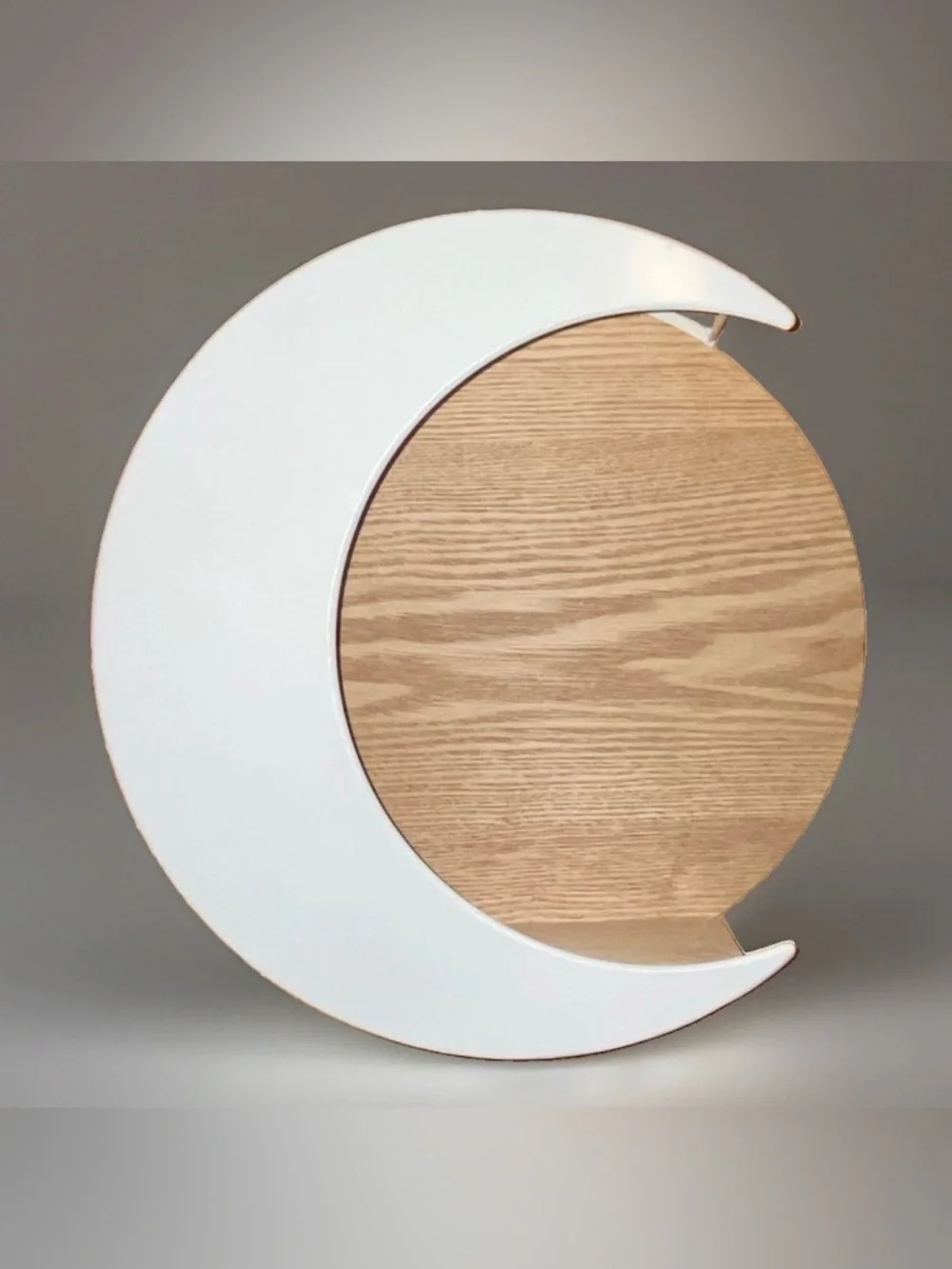 Crescent Moon Floating Wall Shelf🌜Oak Wood, White Metal Crystal Oil Display 14”